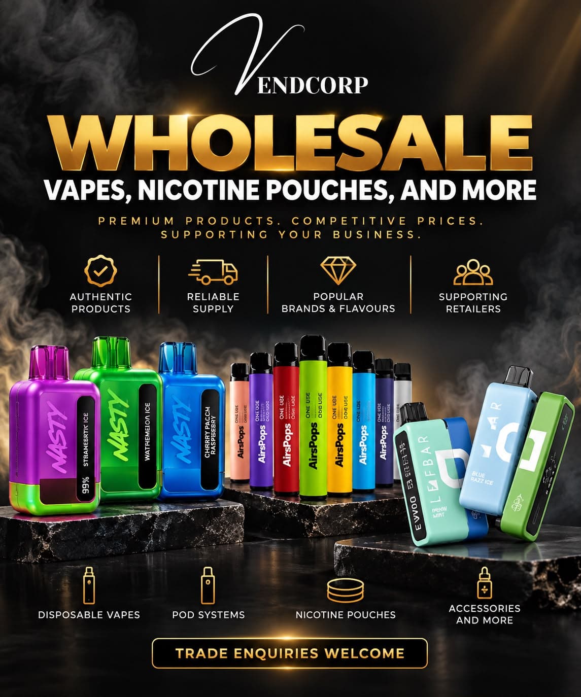 Vendcorp wholesale — disposable vapes, pod systems, nicotine pouches and accessories